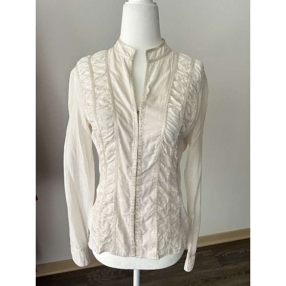 VTG Promod Lace Pleated White Peasant Top Victorian Steam Punk Boho Y2K